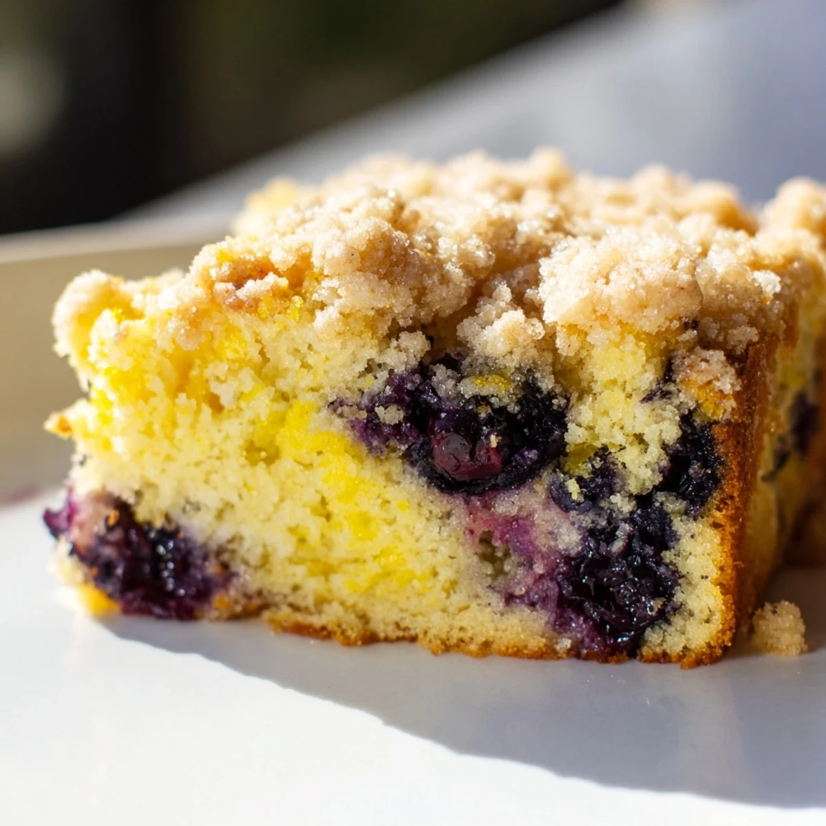 Close-up of freshly baked Lemon Blueberry Coffee Cake showcasing tender slices, bright lemon zest aroma, and blueberries nestled in crumbly streusel perfect with coffee.