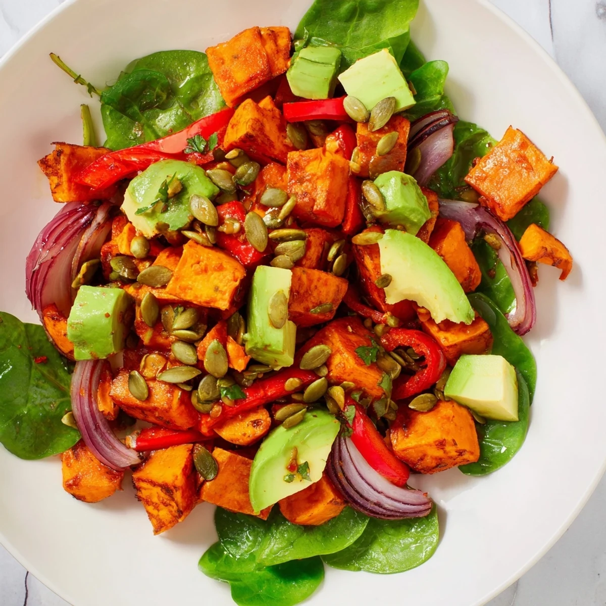 Roasted Sweet Potato Salad with Lime features caramelized cubes and creamy avocado on crisp greens, tossed in a zesty dressing.
