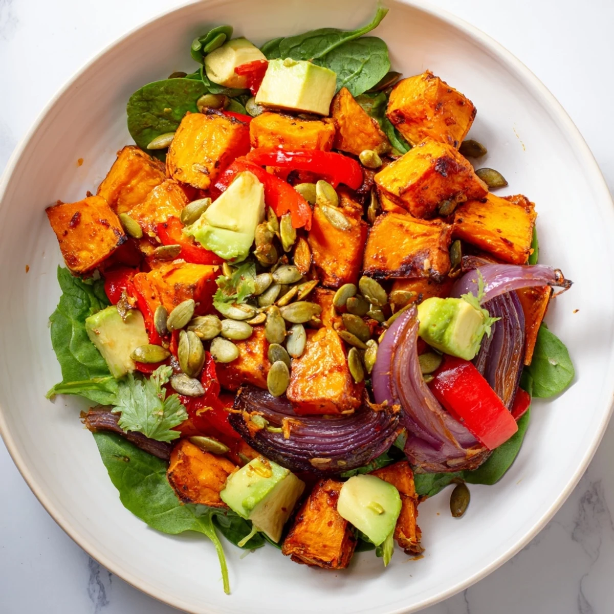 Golden roasted sweet potato salad with lime dressing, topped with toasted pumpkin seeds and fresh cilantro, served in a rustic bowl.