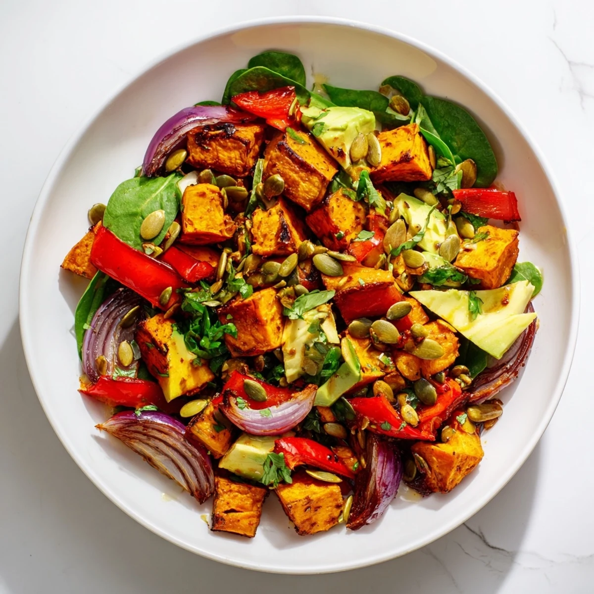 Bright and fresh Roasted Sweet Potato Salad with Lime on a wooden board, with avocado slices and spinach, perfect for a light lunch.