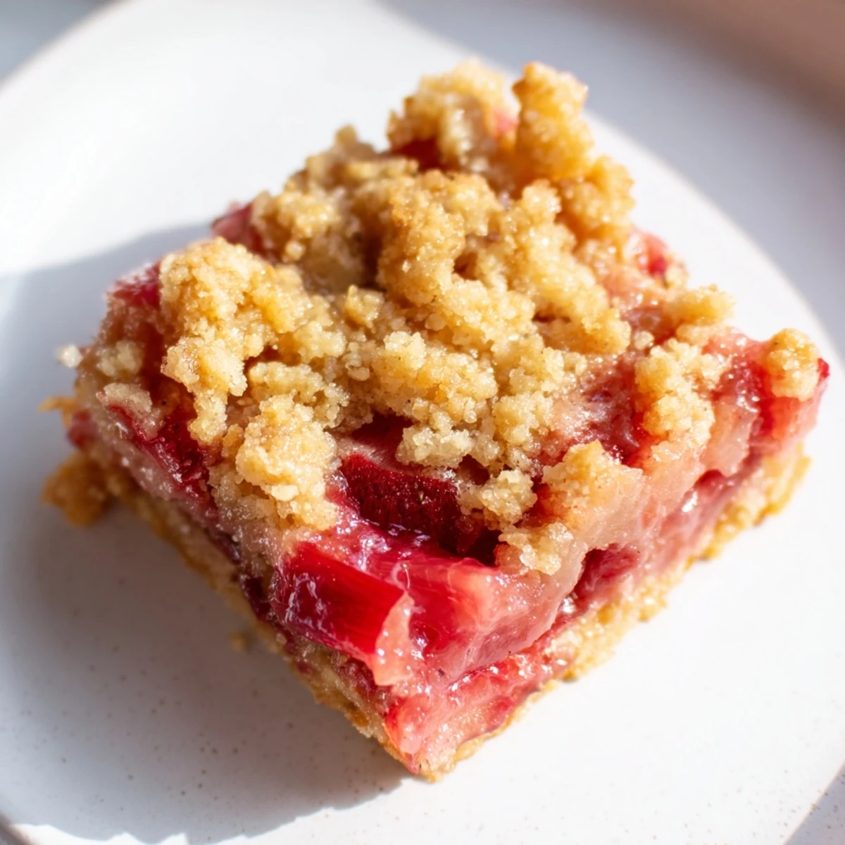 Golden-brown Strawberry Rhubarb Crumble Bars with a bubbling sweet-tart filling are displayed on a wooden board.  