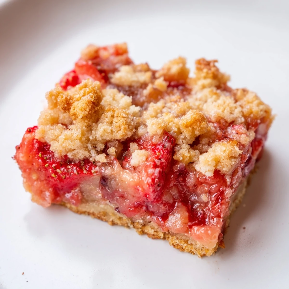 A close-up of Strawberry Rhubarb Crumble Bars reveals crumbly buttery layers and vibrant red fruit chunks.  
