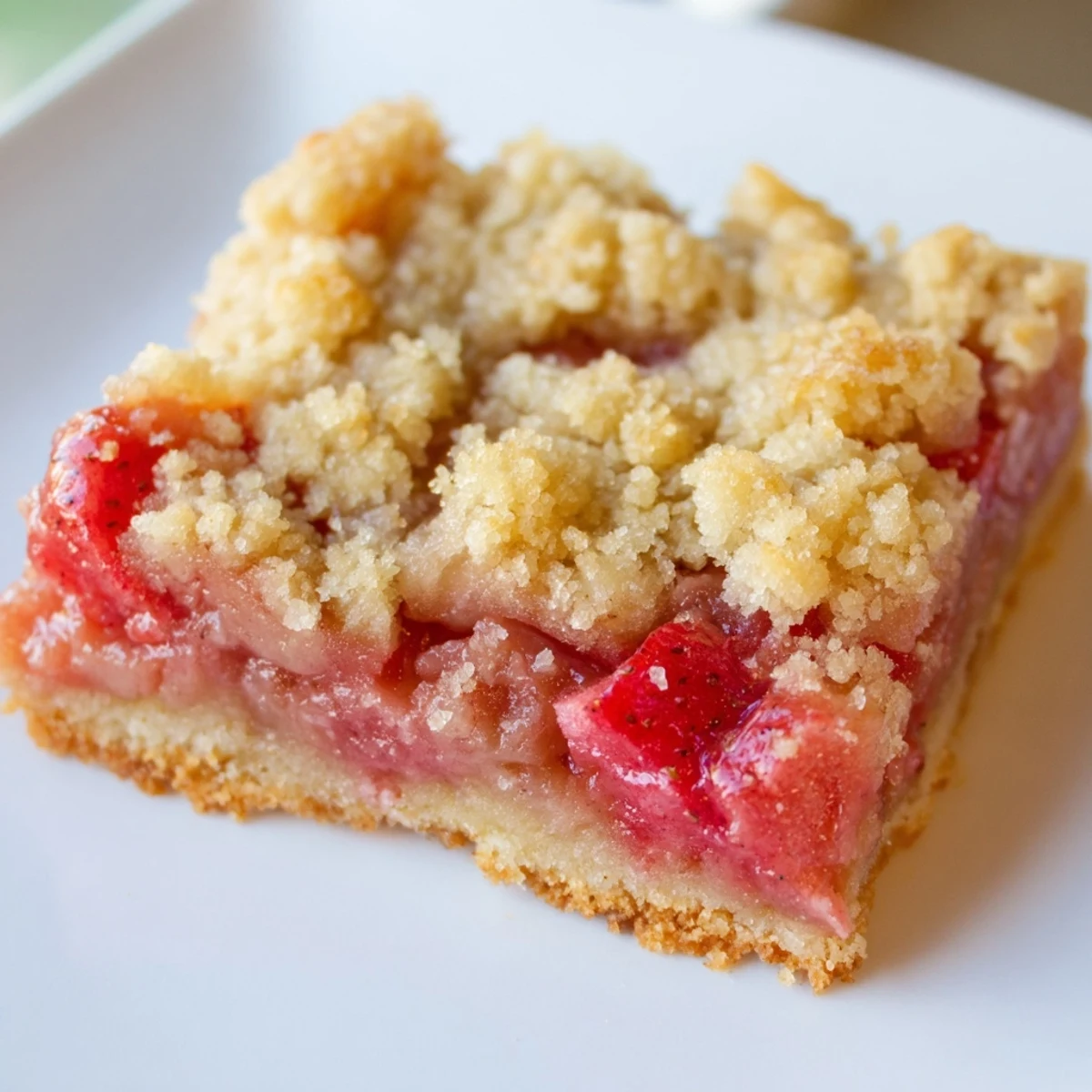 Freshly baked Strawberry Rhubarb Crumble Bars are served warm with a scoop of vanilla ice cream.