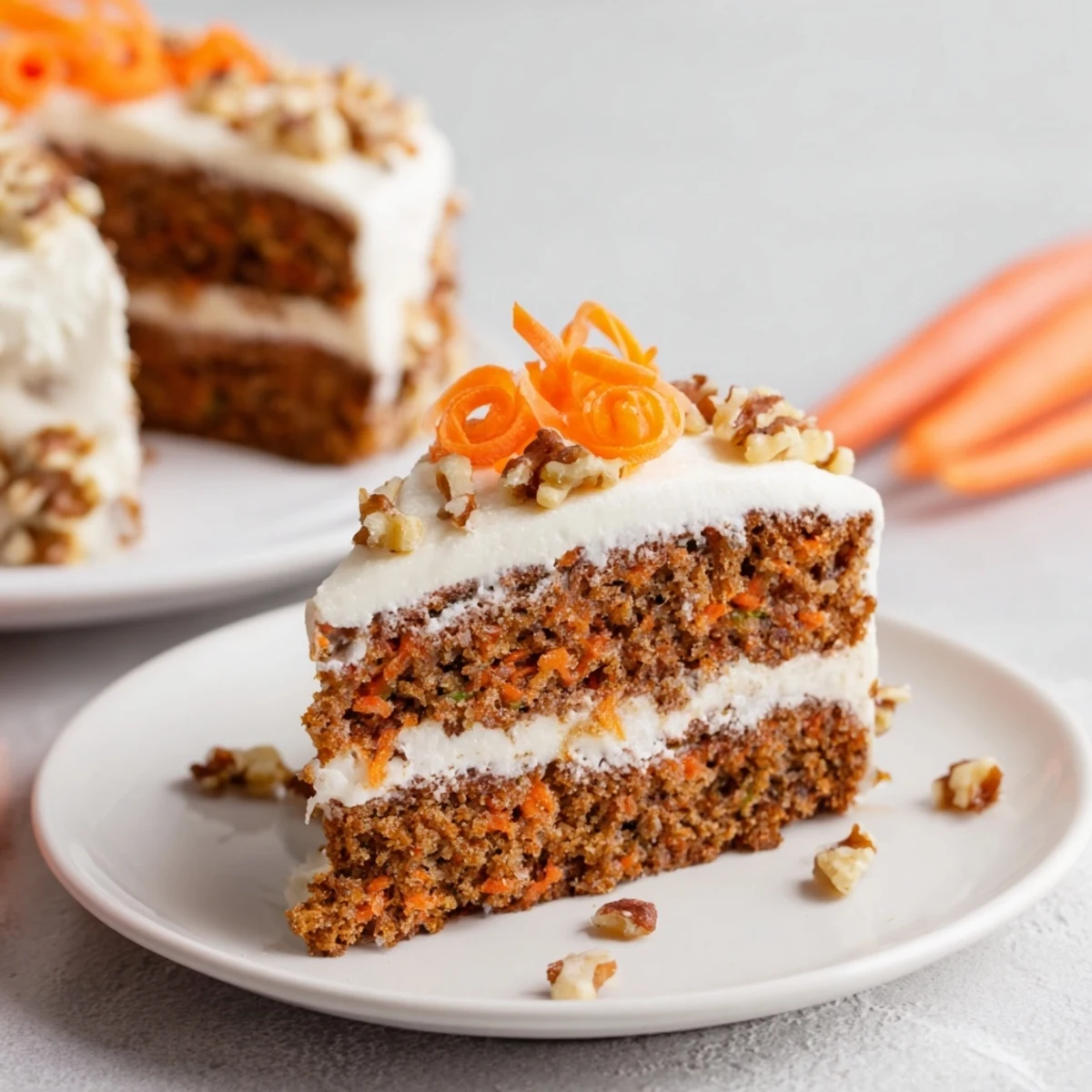 A freshly baked Easter Carrot Cake with Walnuts on a wooden table, featuring moist layers and cream cheese frosting.