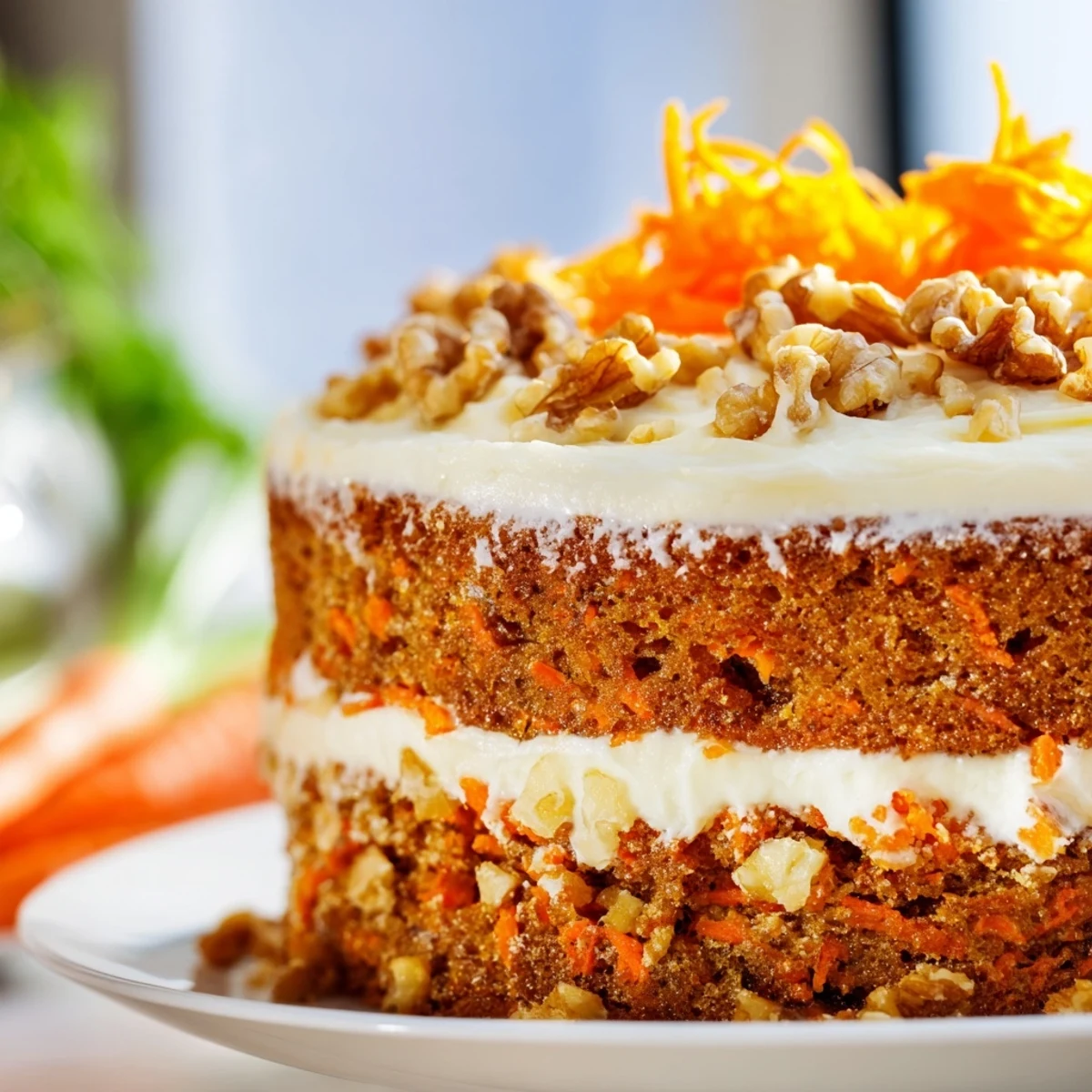 A slice of Easter Carrot Cake with Walnuts reveals crunchy nuts and tender crumbs, ready for a spring celebration.