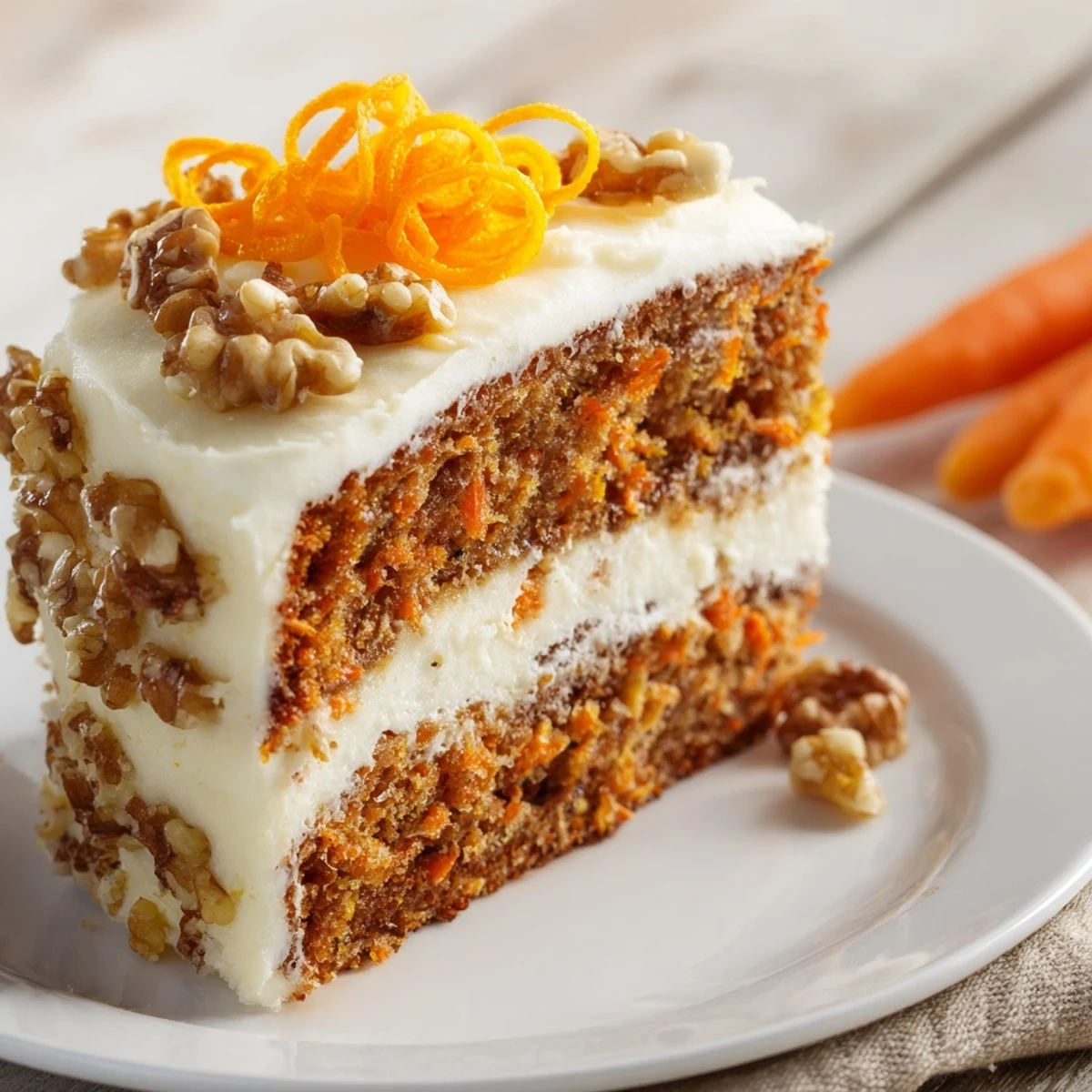 Close-up of Easter Carrot Cake with Walnuts topped with walnuts and carrot curls, served on a festive plate.