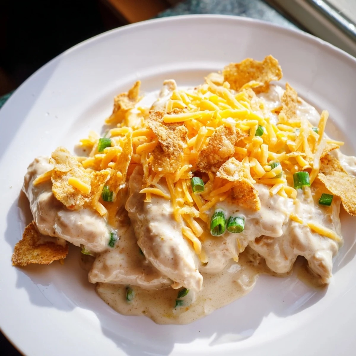 Golden, cheesy sour cream and onion chicken fresh from the oven, garnished with chopped green onions.