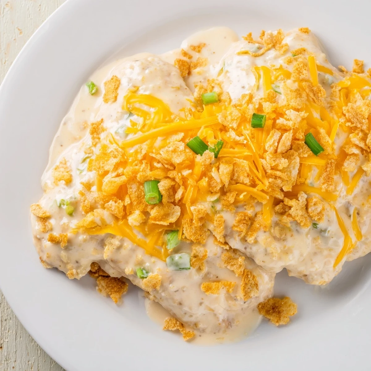 Tender Sour Cream and Onion Chicken baked with creamy sauce, served with rice and steamed vegetables.