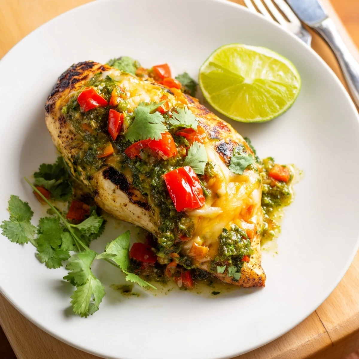 Freshly grilled chicken breasts sizzling on the grill, smothered in vibrant green salsa verde and melting pepper jack cheese for a zesty Tex-Mex dinner.