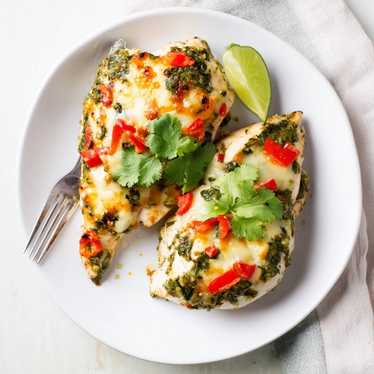 Golden-brown grilled Grilled Salsa Verde Pepper Jack Chicken served on a plate with fresh cilantro and lime wedges for a flavorful summer meal.