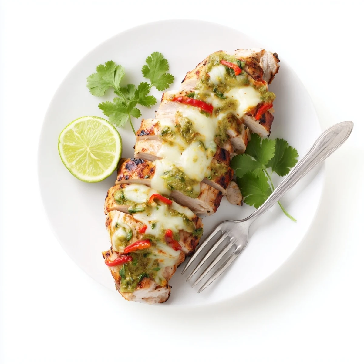 Close-up view of juicy Grilled Salsa Verde Pepper Jack Chicken topped with melted pepper jack cheese and zesty salsa verde, perfect for gluten-free eaters.