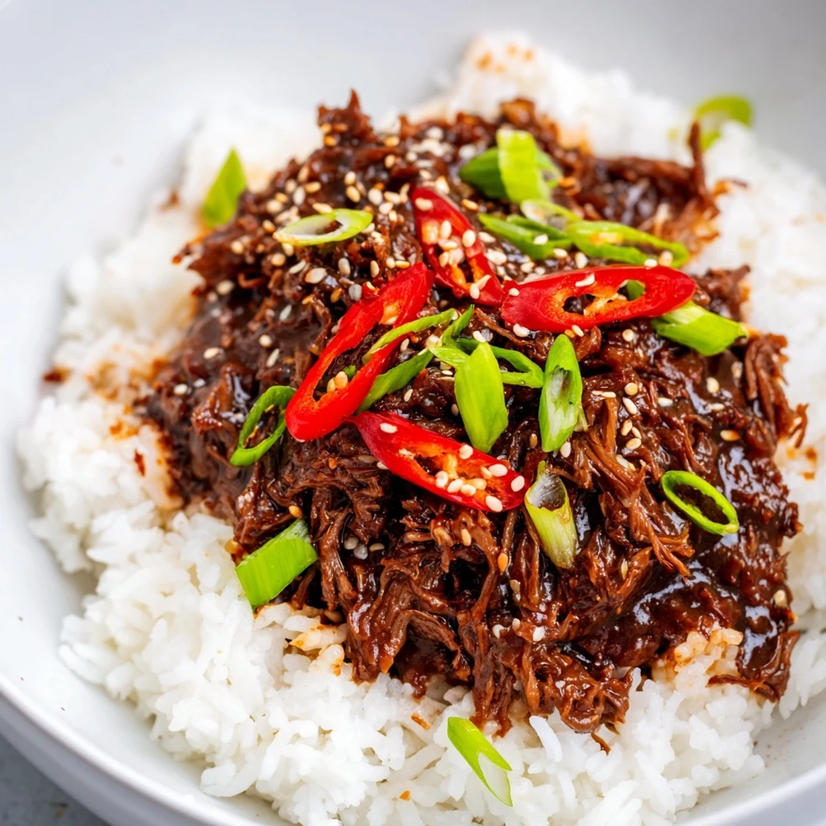 Slow Cooker Korean Beef simmers tenderly in a slow cooker, garnished with sesame seeds and red chili slices.