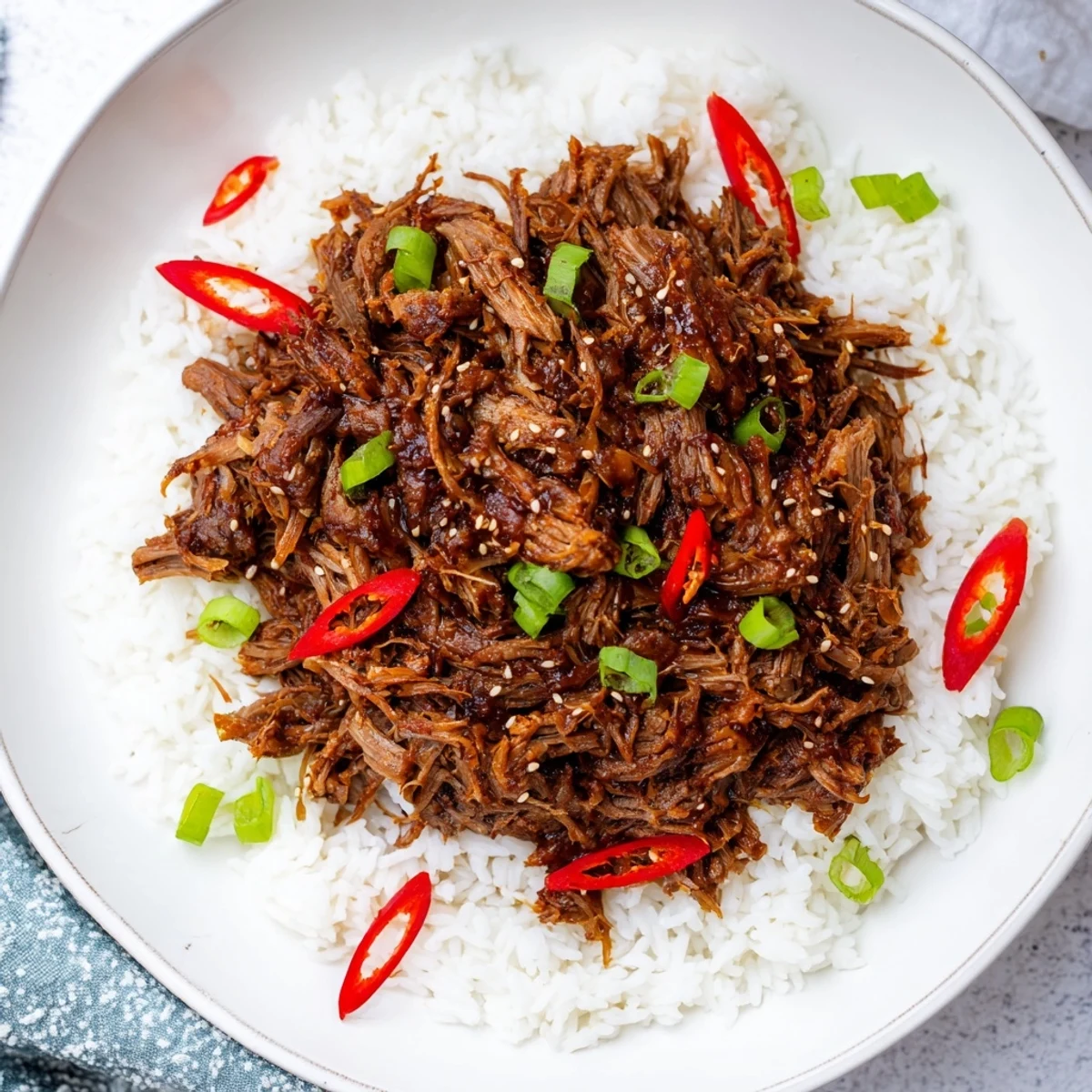 A bowl of Slow Cooker Korean Beef sits in a cozy kitchen, ready for lettuce wraps and pickled vegetables.