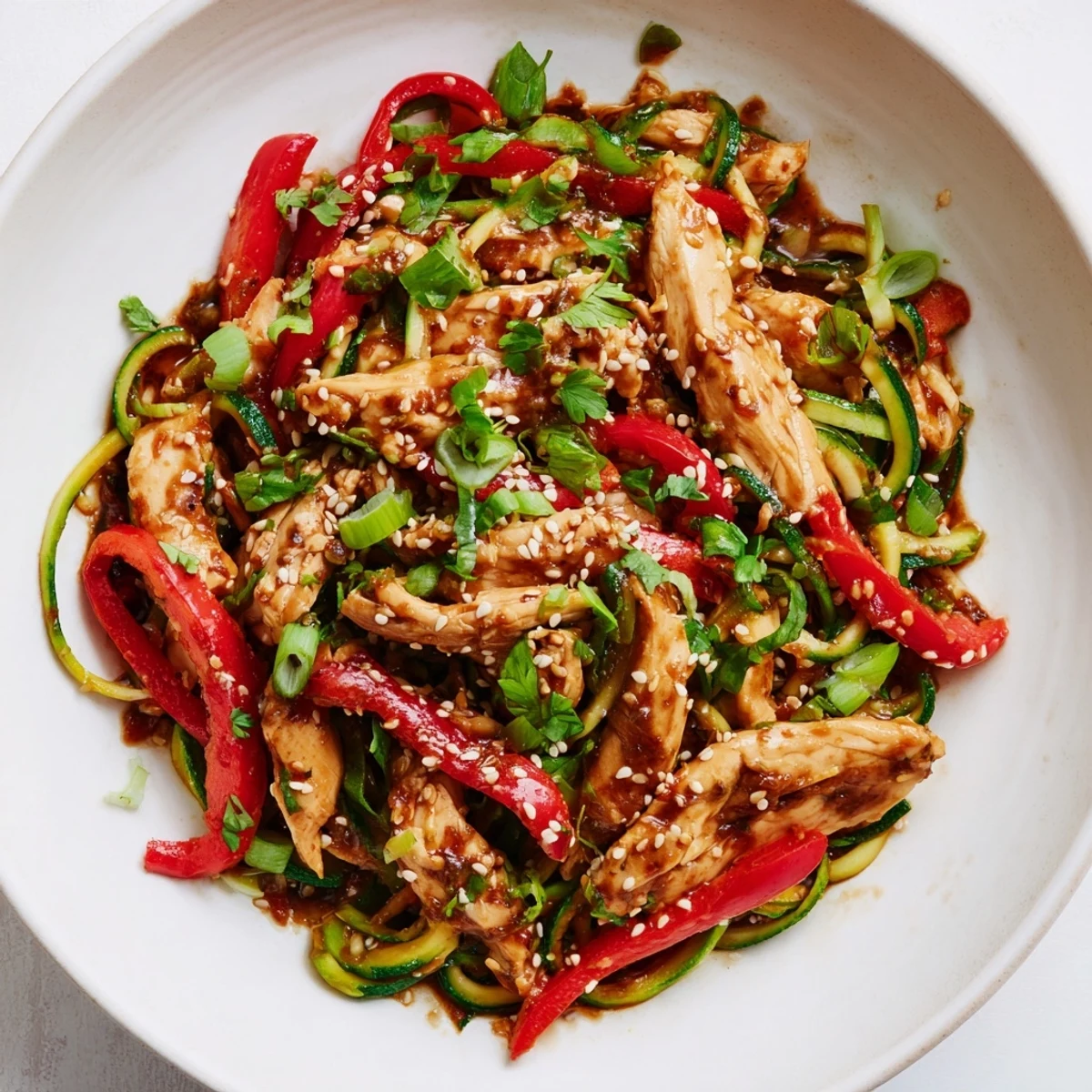 Tender chicken and zucchini noodles tossed in a savory garlic sauce, served hot in this Garlic Chicken Zucchini Noodles Stir Fry.