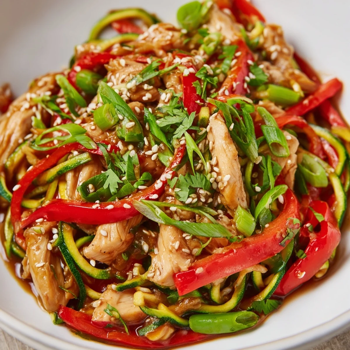 Garlic Chicken Zucchini Noodles Stir Fry with fresh green onions and sesame seeds, a vibrant low-carb meal for a weeknight.