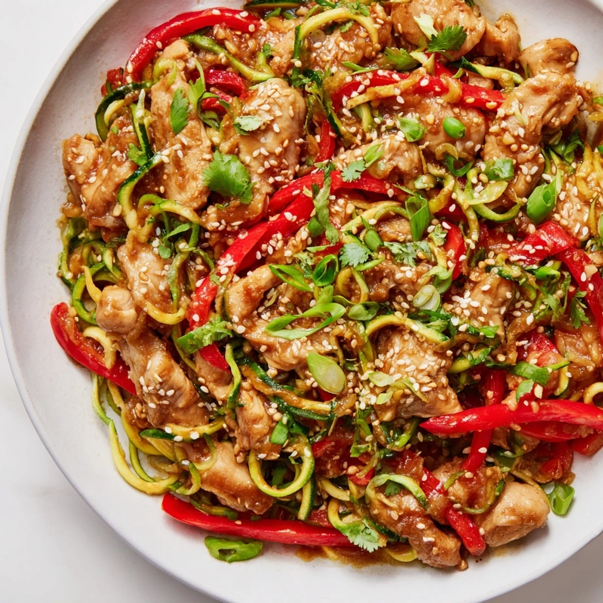 A close view of colorful Garlic Chicken Zucchini Noodles Stir Fry with bell peppers and snap peas on a plate.