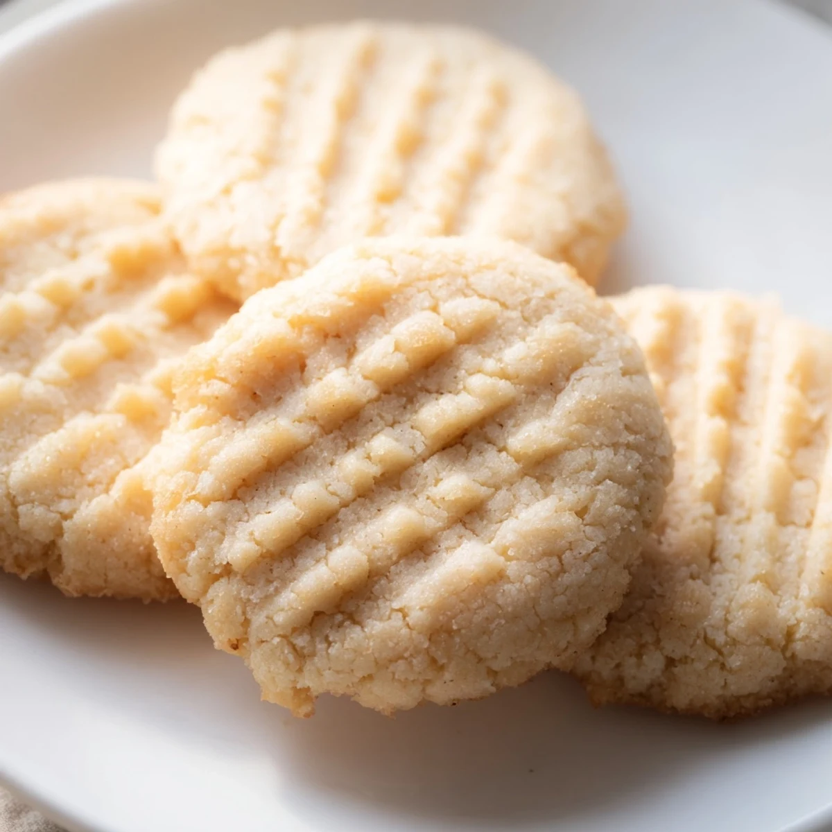 A close-up of homemade Keto Butter Cookies arranged on a ceramic plate, showing a soft crumb and buttery sheen from the almond flour.