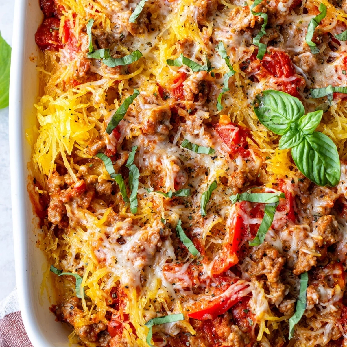 Golden-brown Sausage and Peppers Spaghetti Squash Casserole emerges from the oven with bubbly mozzarella and fresh basil garnish.