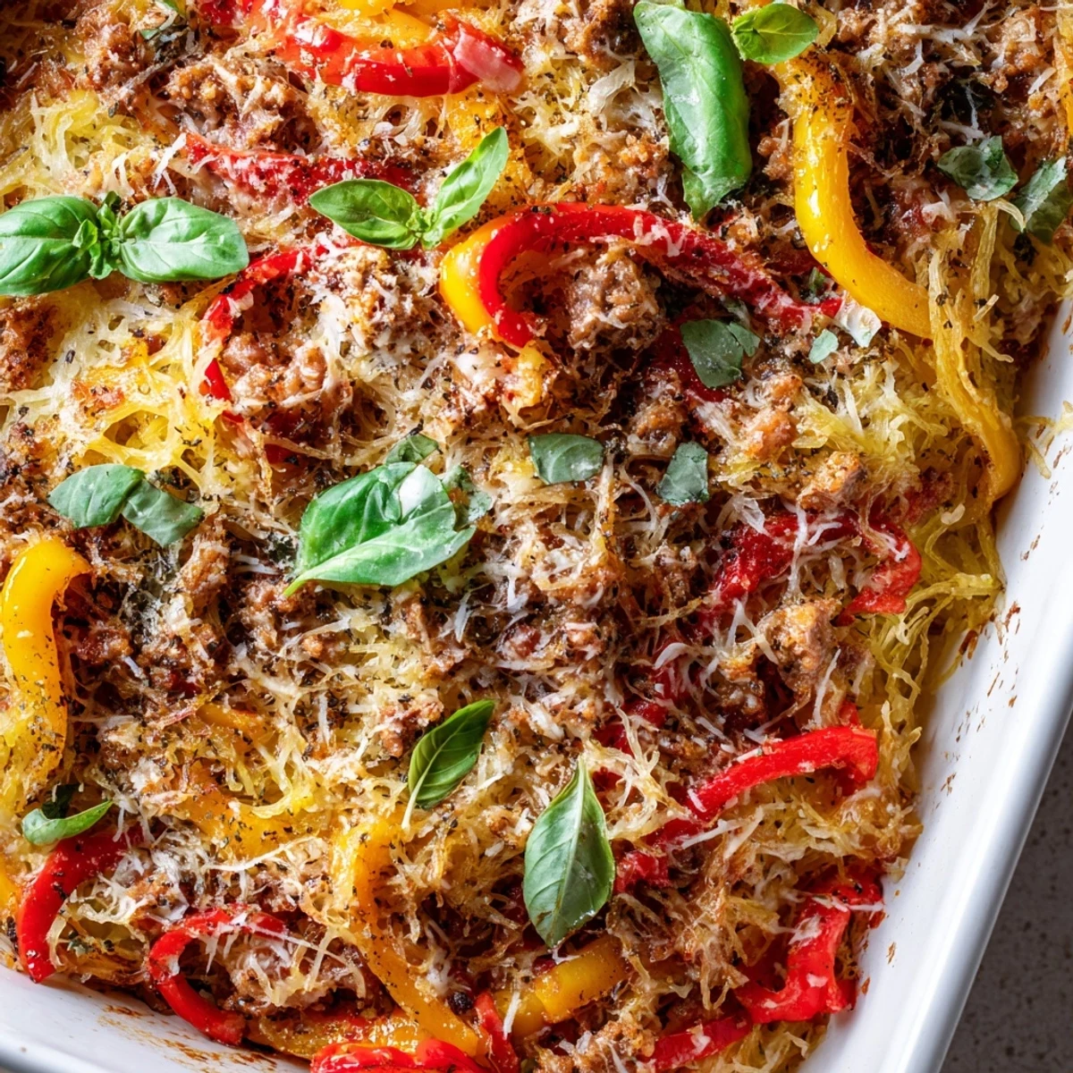 Hearty low-carb Sausage and Peppers Spaghetti Squash Casserole served in a white dish next to a rustic spoon.
