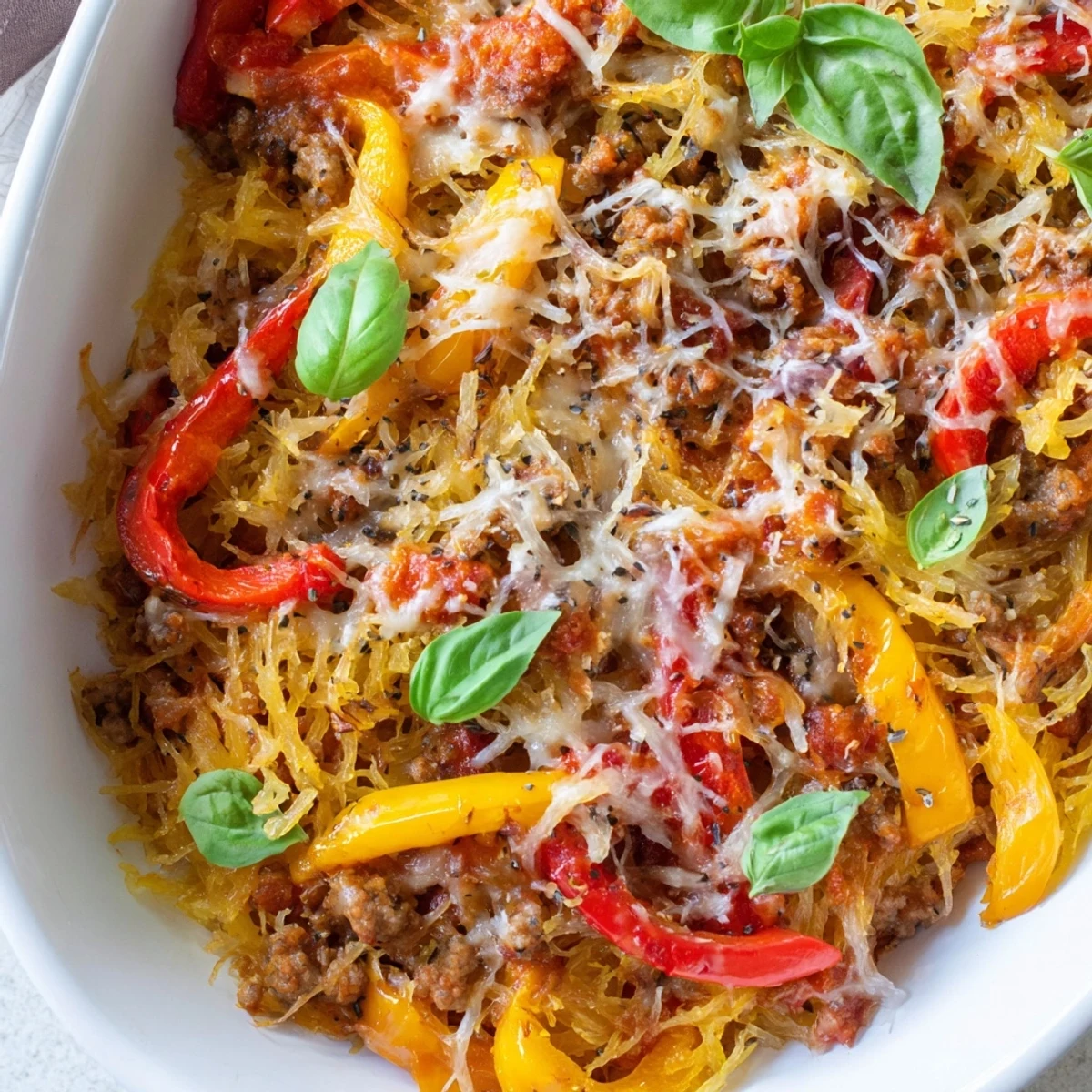 Cheesy Sausage and Peppers Spaghetti Squash Casserole reveals strands of roasted squash, colorful peppers, and Italian sausage under melted cheese.