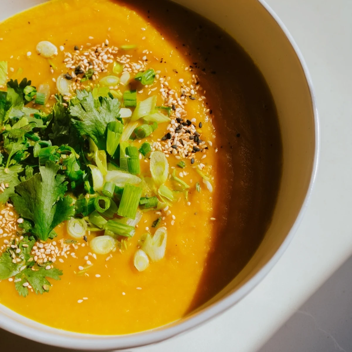 A warm bowl of Spicy Miso Carrot Soup garnished with fresh cilantro and sesame seeds.