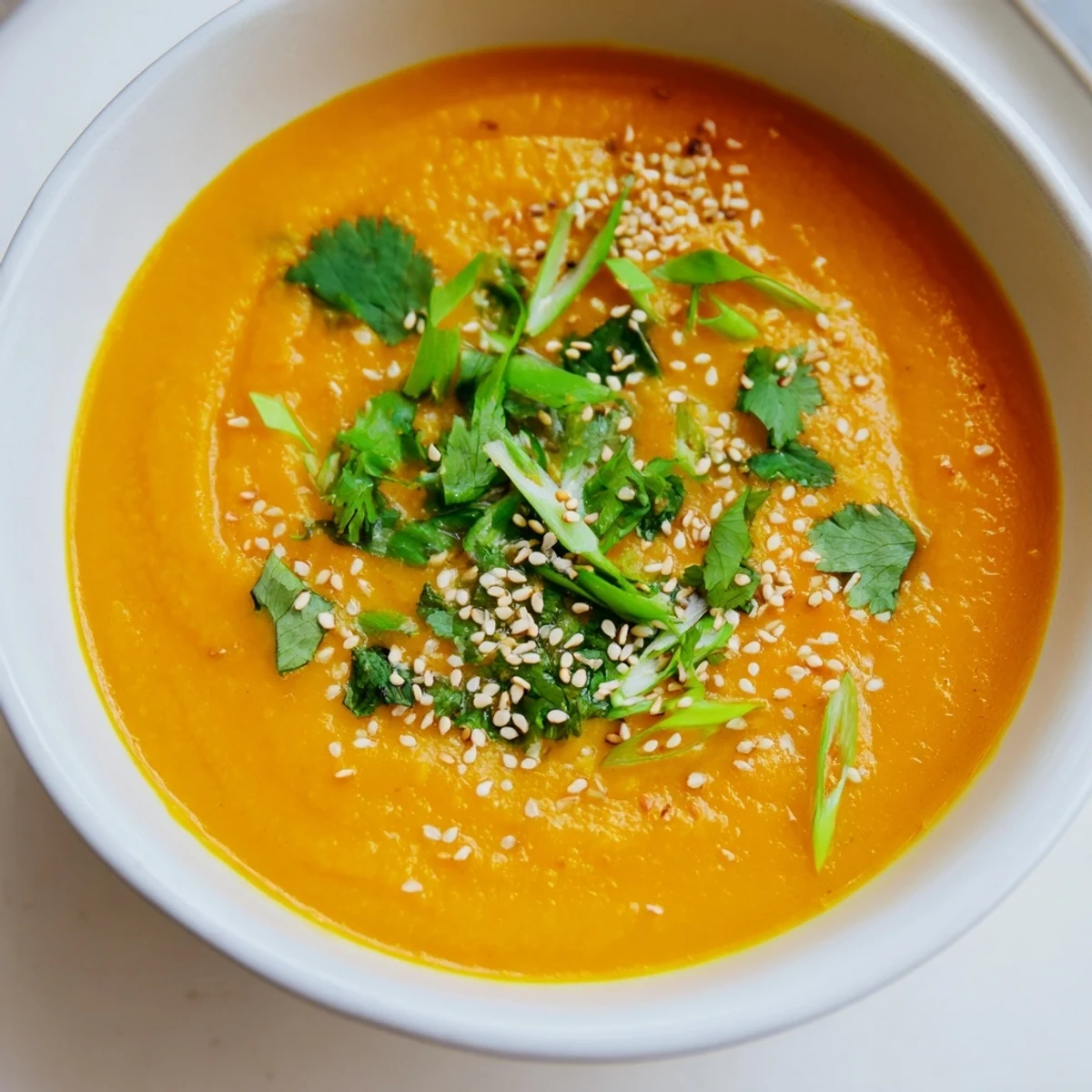Close-up of vibrant Spicy Miso Carrot Soup in a rustic bowl, steam rising from the surface.
