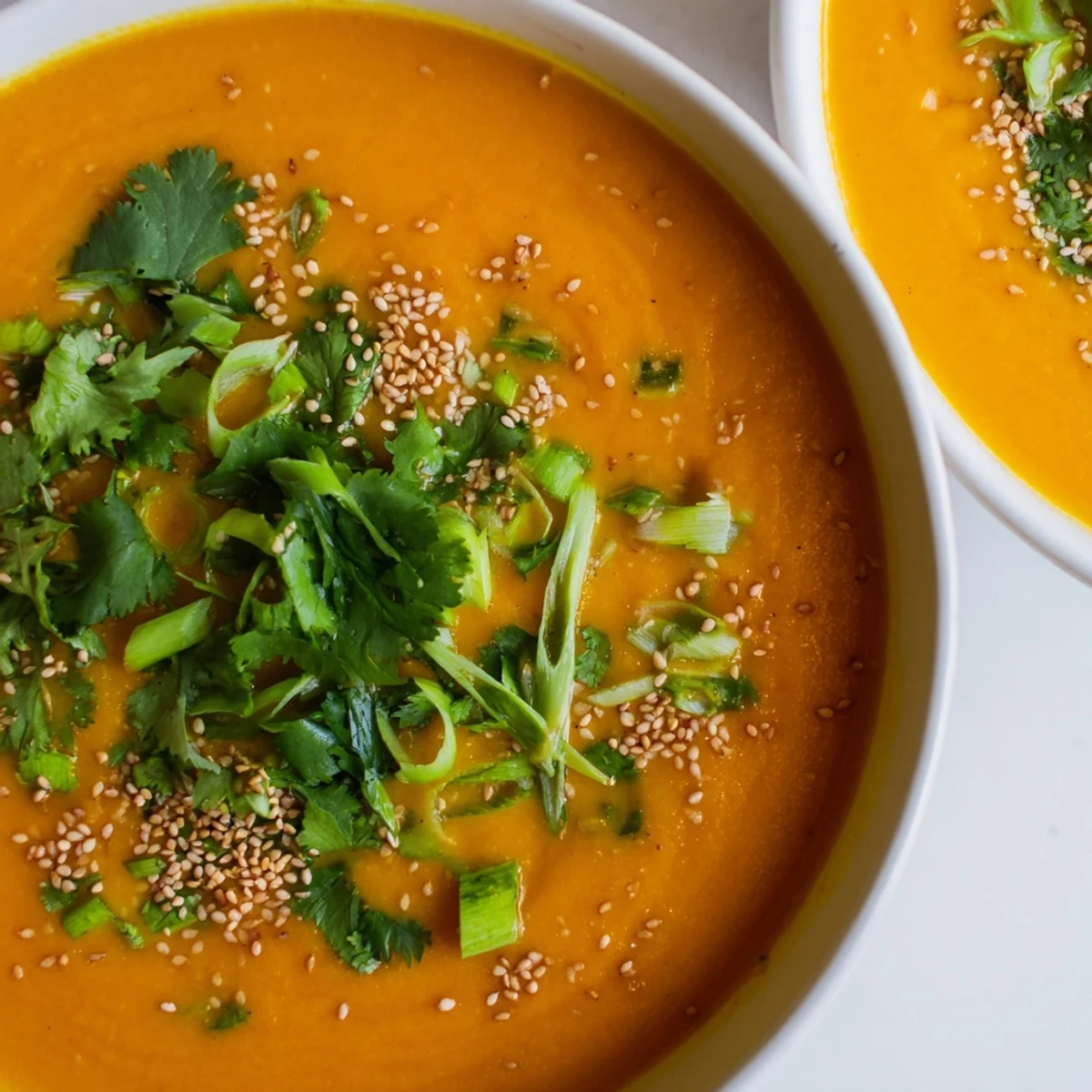 Spicy Miso Carrot Soup served with a slice of crusty bread for dipping.