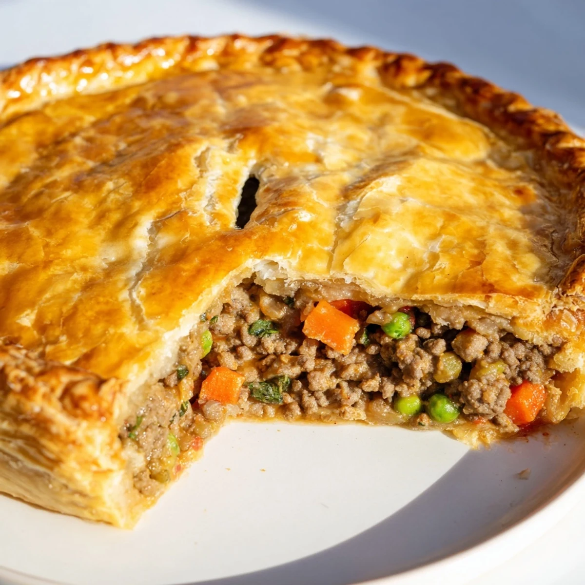 Golden Savory Beef Meat Pies rest on a rustic wooden board next to salad.