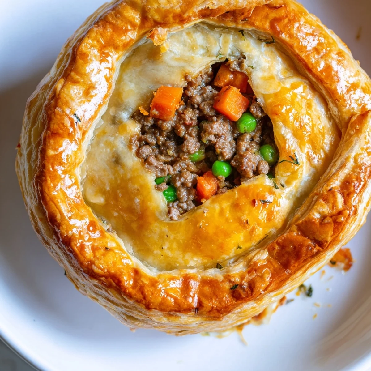 A close-up view shows flaky pastry tops of Savory Beef Meat Pies with steam rising.
