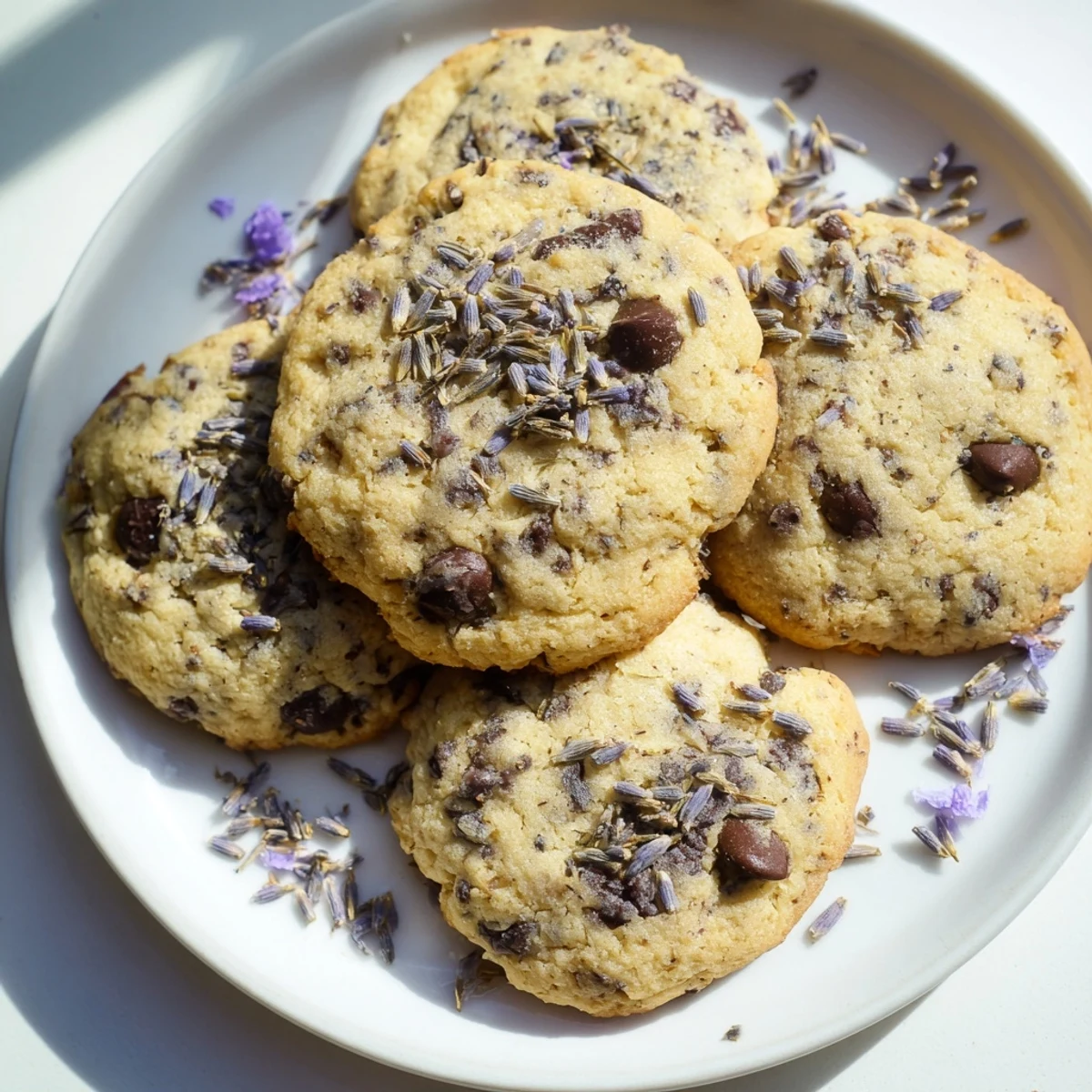 Soft golden Lavender Chocolate Chip Cookies sprinkled with sugar and lavender buds, perfect with a cup of hot Earl Grey tea.