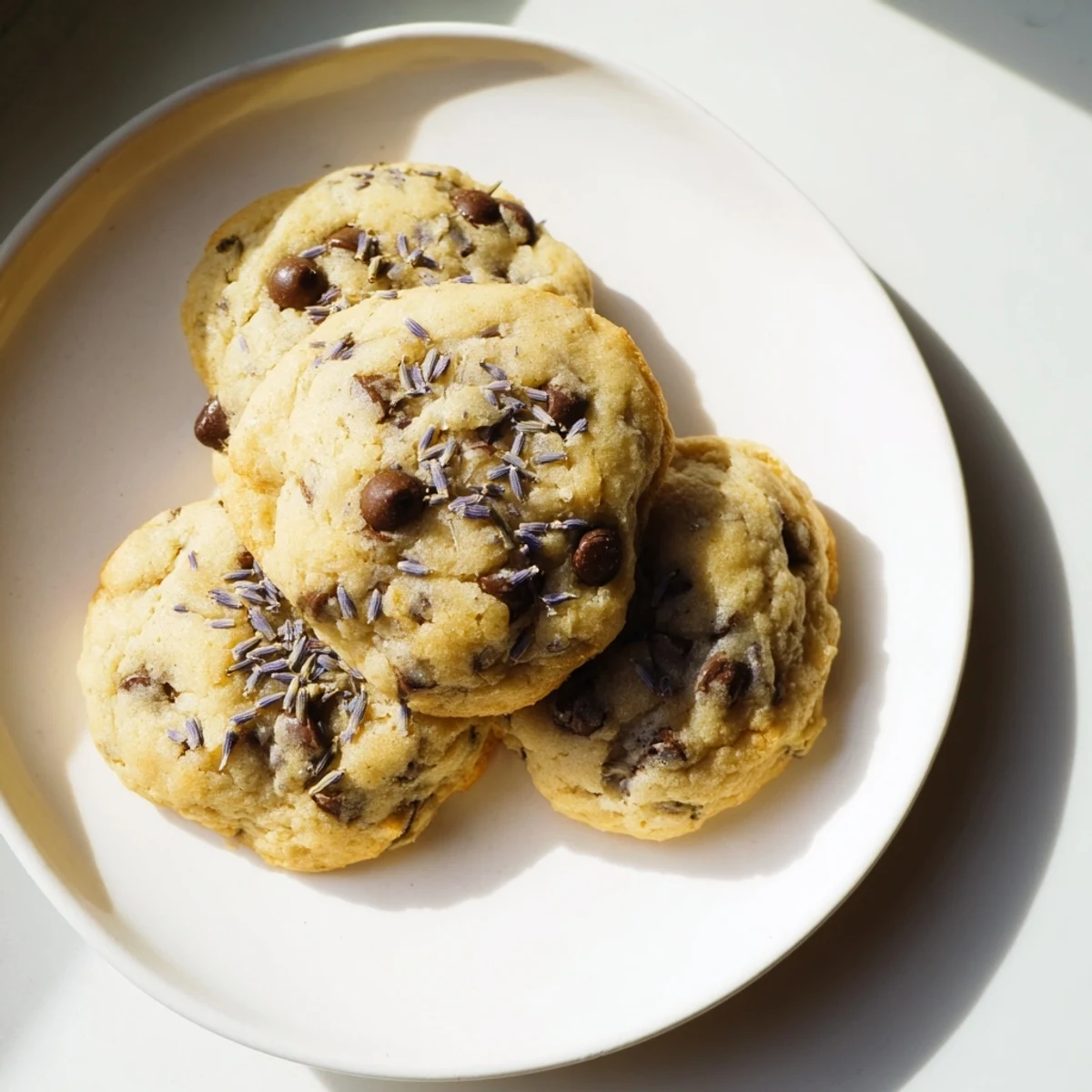 Freshly baked Lavender Chocolate Chip Cookies with melty chocolate pools and a subtle floral aroma on a rustic wood table.