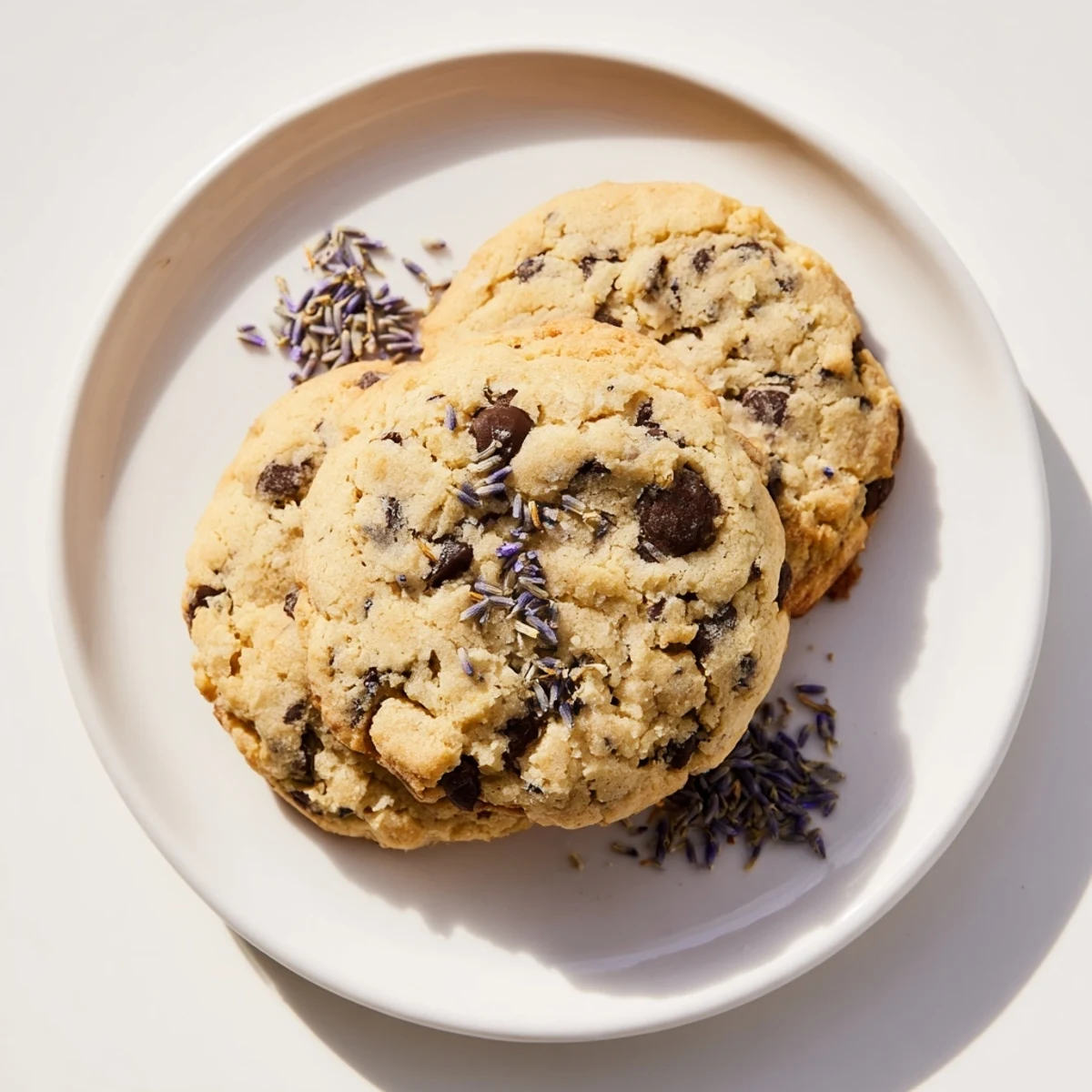 Homemade Lavender Chocolate Chip Cookies arranged on a cooling rack, showing chewy centers and crisp edges with visible chocolate chunks.