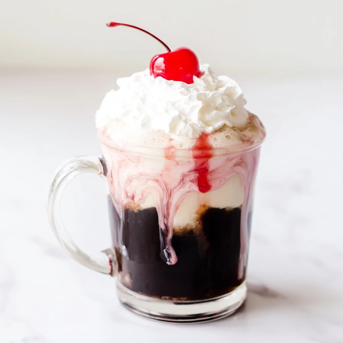 In a cozy kitchen, the vibrant red swirls of Viral Cherry Vanilla Latte mix into creamy, frothy espresso.