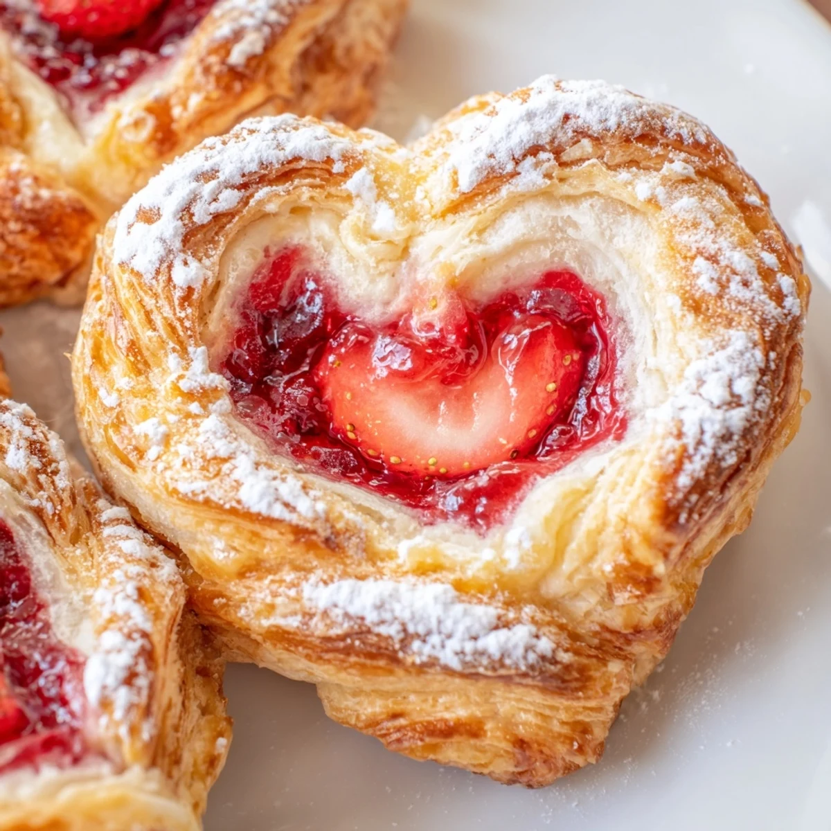 Flaky golden Strawberry Cream Cheese Heart Danishes display a sweet cream cheese and strawberry filling on a rustic wooden board.