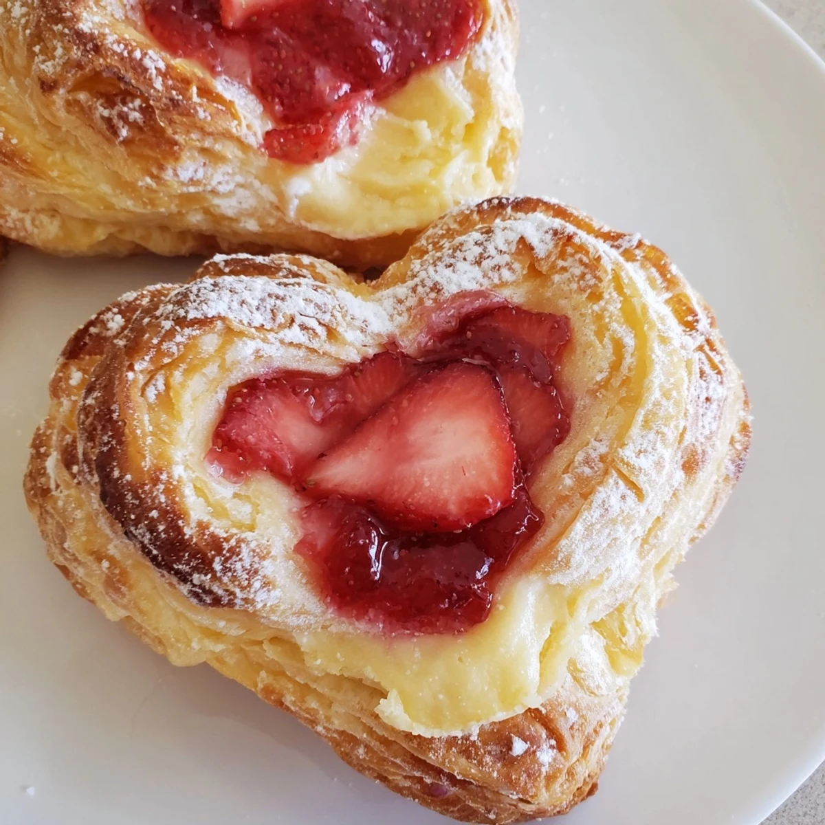 A close view of a Strawberry Cream Cheese Heart Danish reveals a heart-shaped pastry frame with fresh strawberry slices on top.