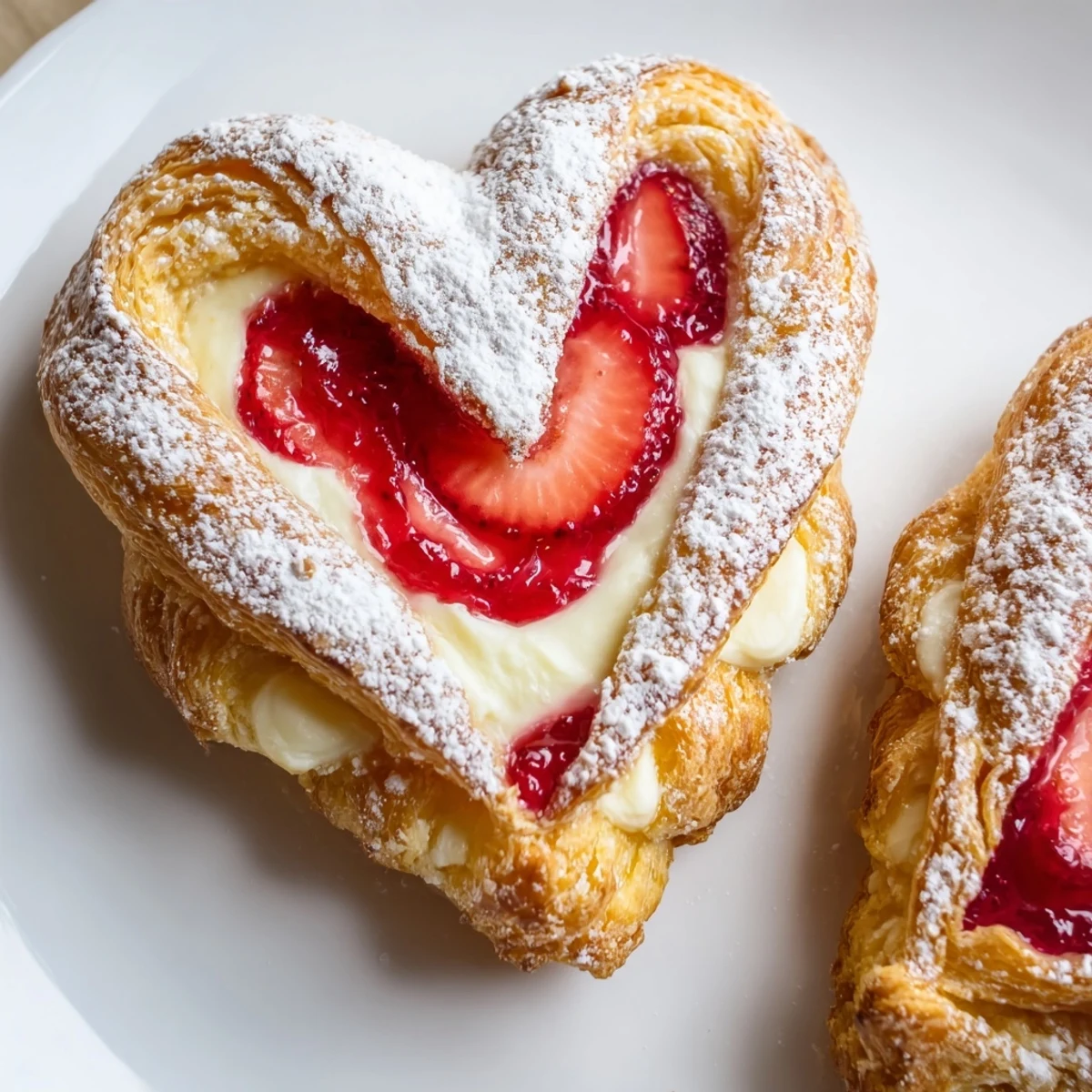 Strawberry Cream Cheese Heart Danishes rest on a white plate with a light glaze drizzle, ideal for a romantic brunch treat.