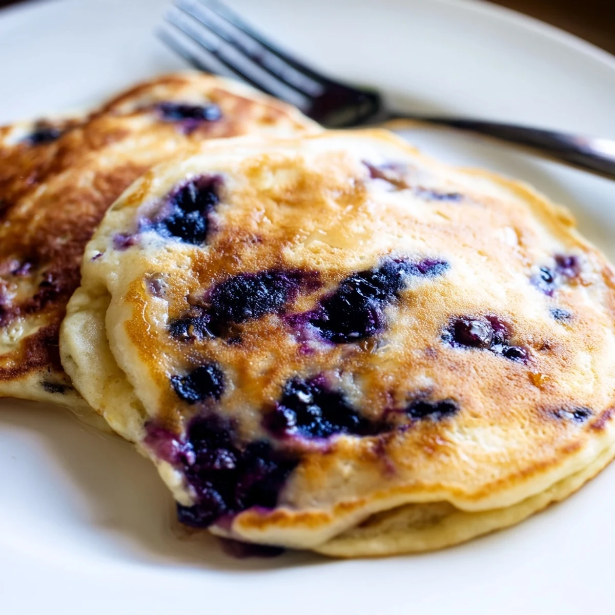 Stack of fluffy Greek Yogurt Blueberry Pancakes topped with fresh blueberries and a drizzle of maple syrup on a plate.