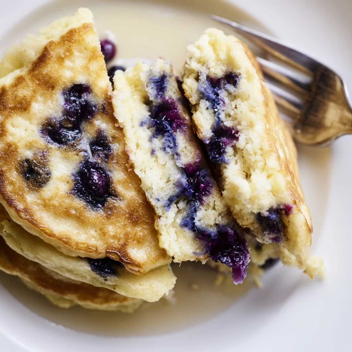 A close-up view of golden-brown Fluffy Greek Yogurt Blueberry Pancakes stacked high, revealing juicy blueberries inside.