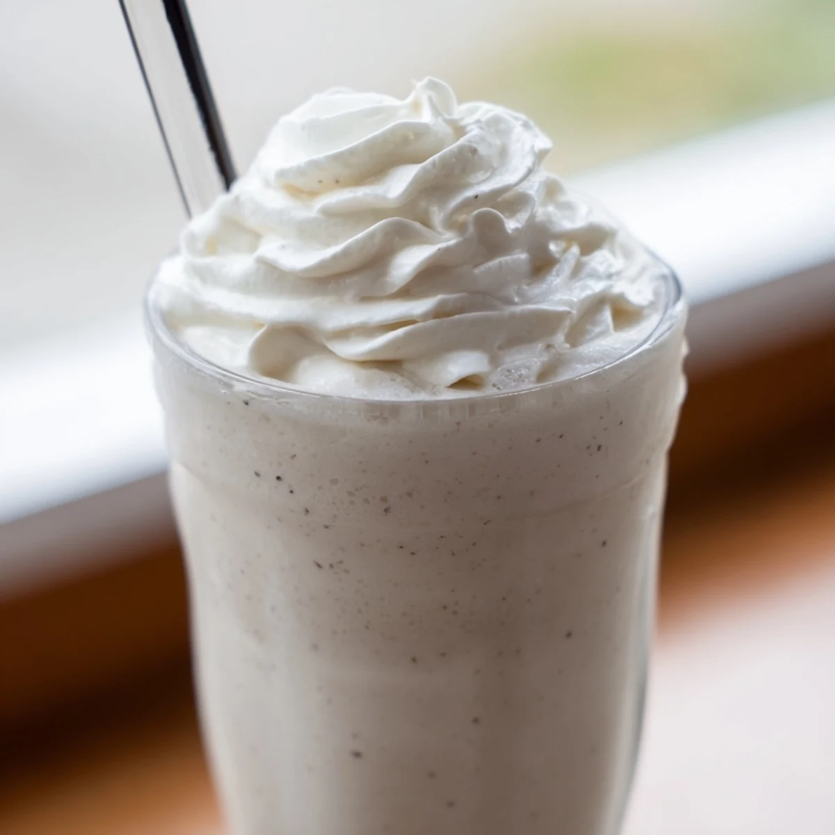 Creamy Starbucks Vanilla Bean Frappuccino topped with whipped cream in a tall glass on a wooden table.