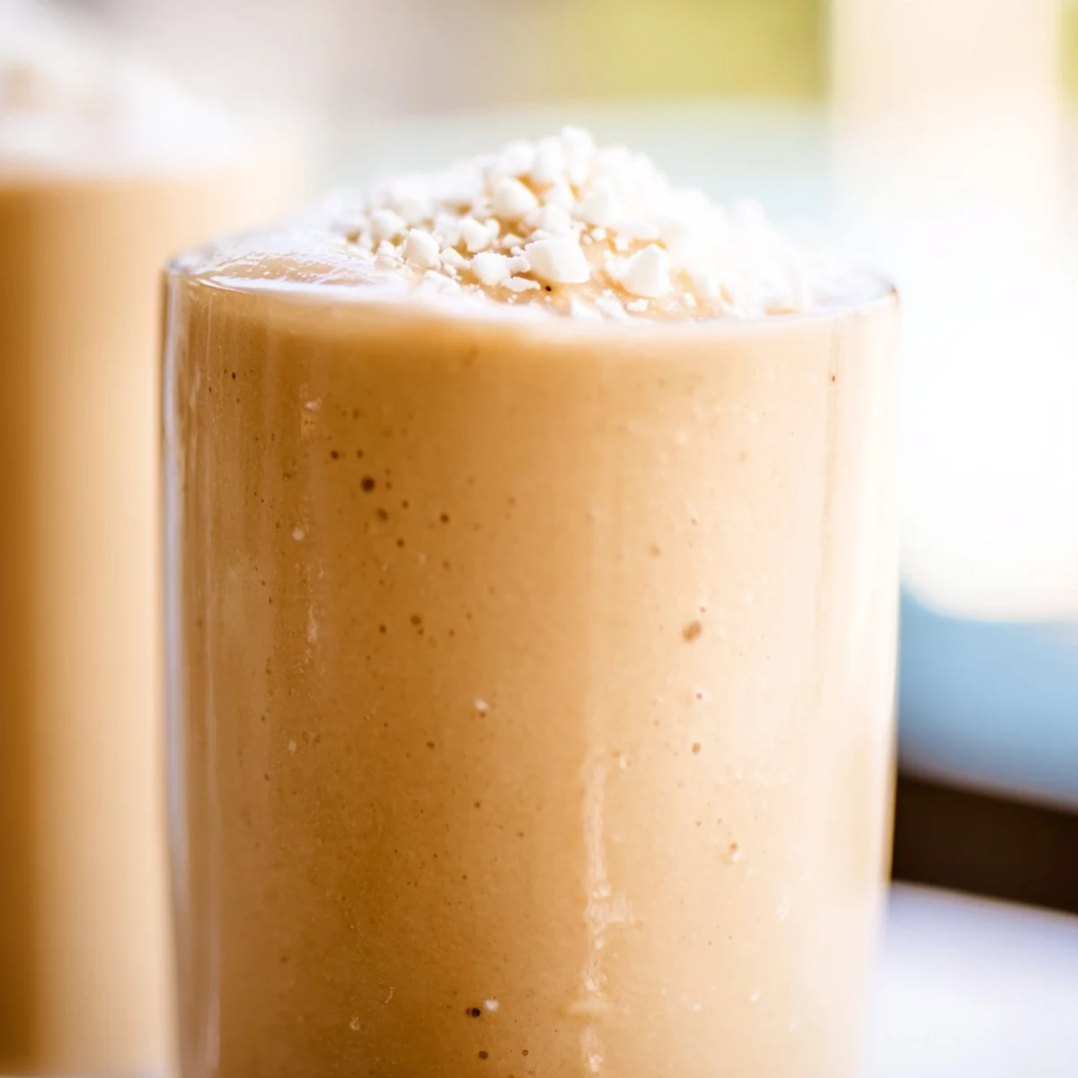 Creamy Vanilla Bean Frappuccino topped with whipped cream and white chocolate shavings in tall glasses.