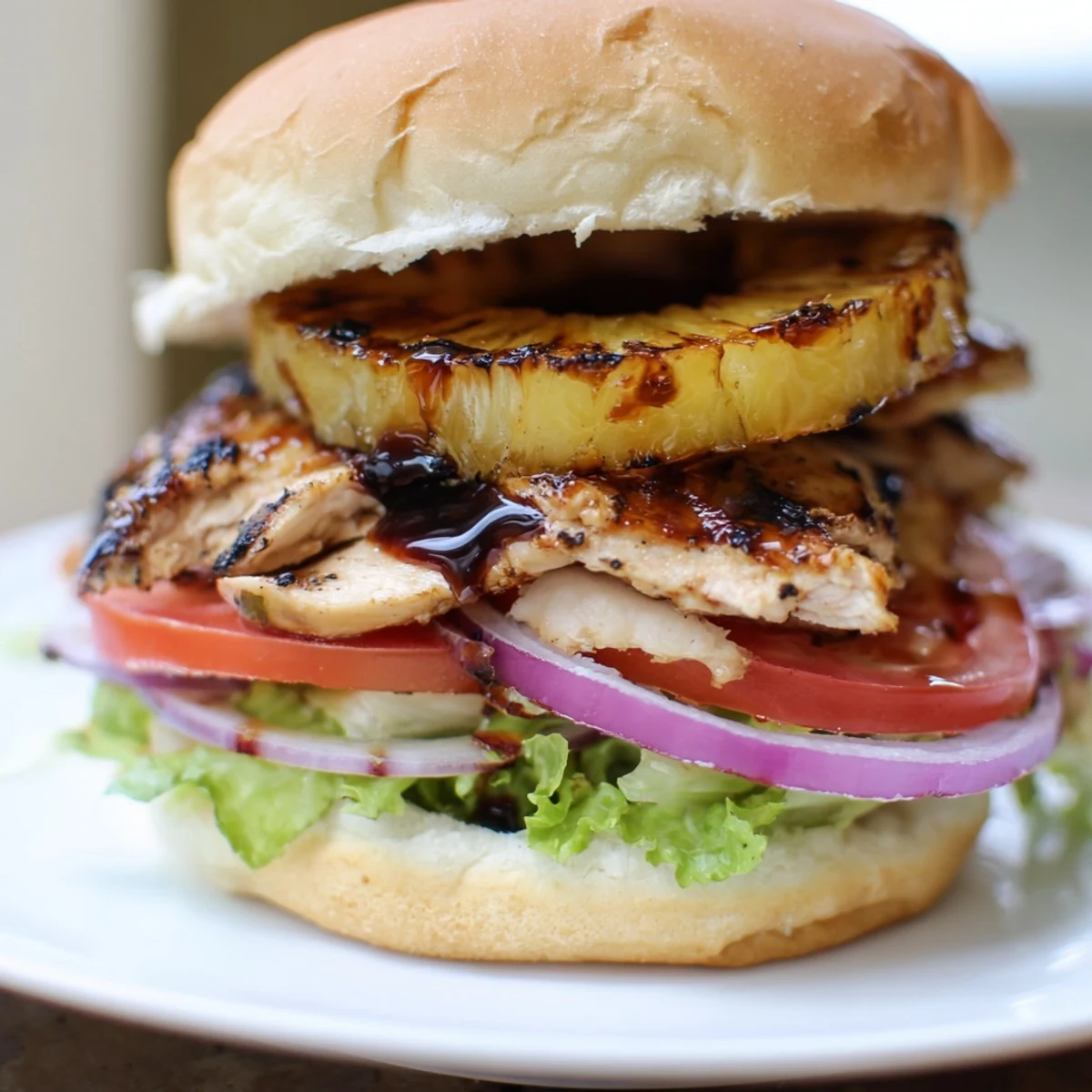 Golden grilled Hawaiian Pineapple Chicken Burger with juicy chicken, caramelized pineapple, and tangy teriyaki sauce on a soft bun.