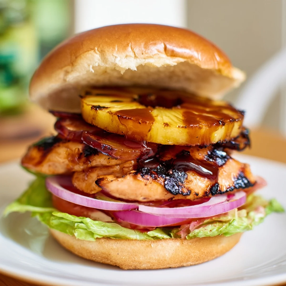 Savory Hawaiian Pineapple Chicken Burger topped with crisp lettuce, tomato, and red onion, served on a toasted bun with pineapple.