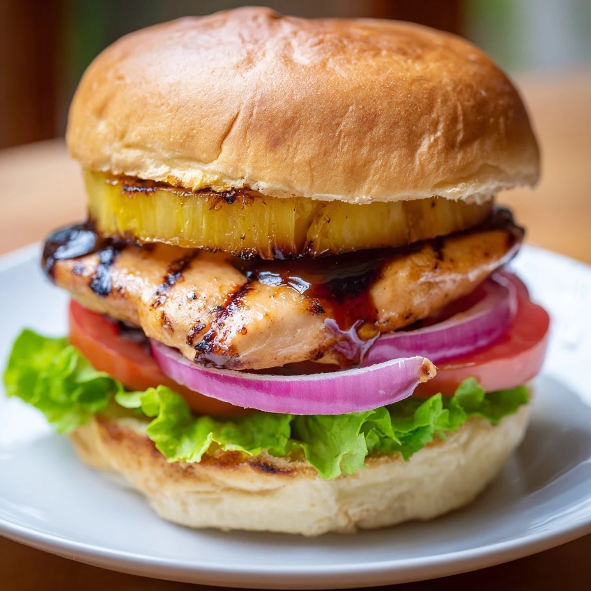 Close-up of a Hawaiian Pineapple Chicken Burger, revealing grilled chicken, glistening teriyaki glaze, and sweet pineapple ring inside the bun.