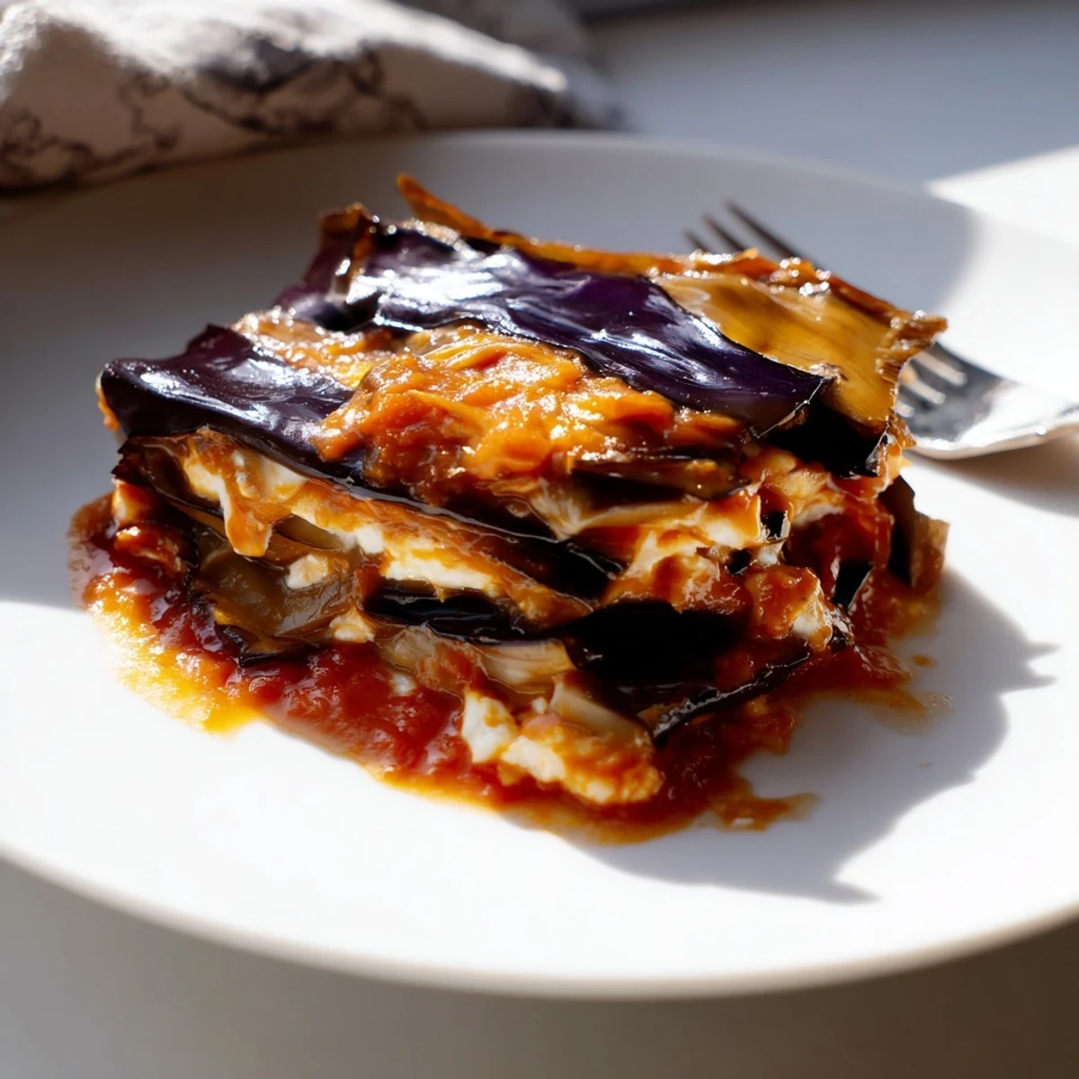 Golden fried eggplant slices layered with tomato sauce and creamy yogurt, garnished with dried mint, in Borani Banjan.