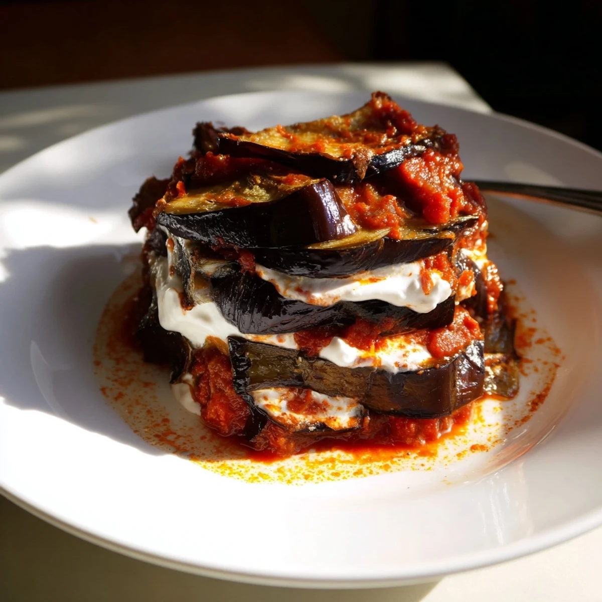 Serving suggestion of Afghan Borani Banjan over steamed basmati rice with fresh cilantro on the side.