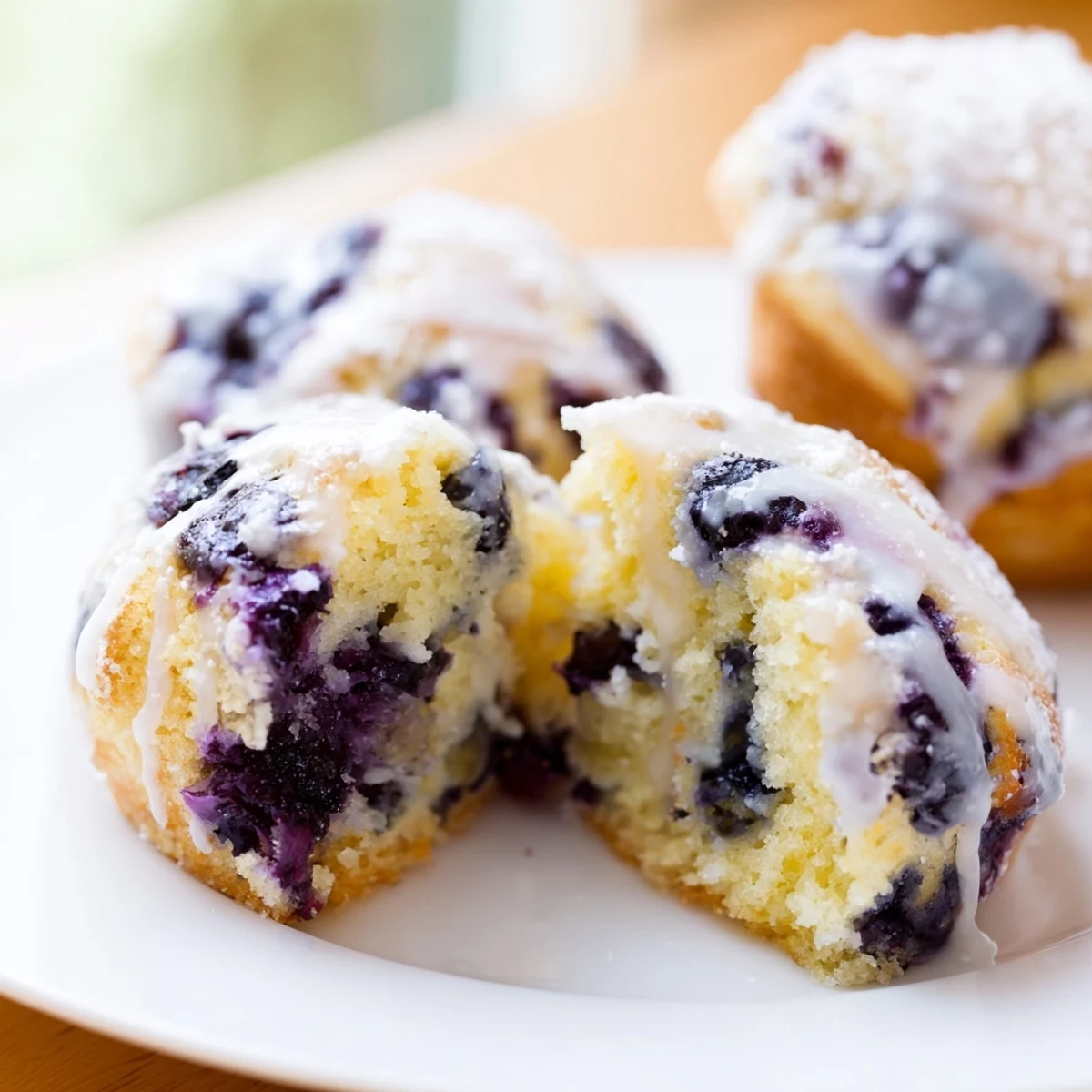 Overhead view of six Lavender Blueberry Tea Cakes on a rustic wooden table with fresh blueberries.