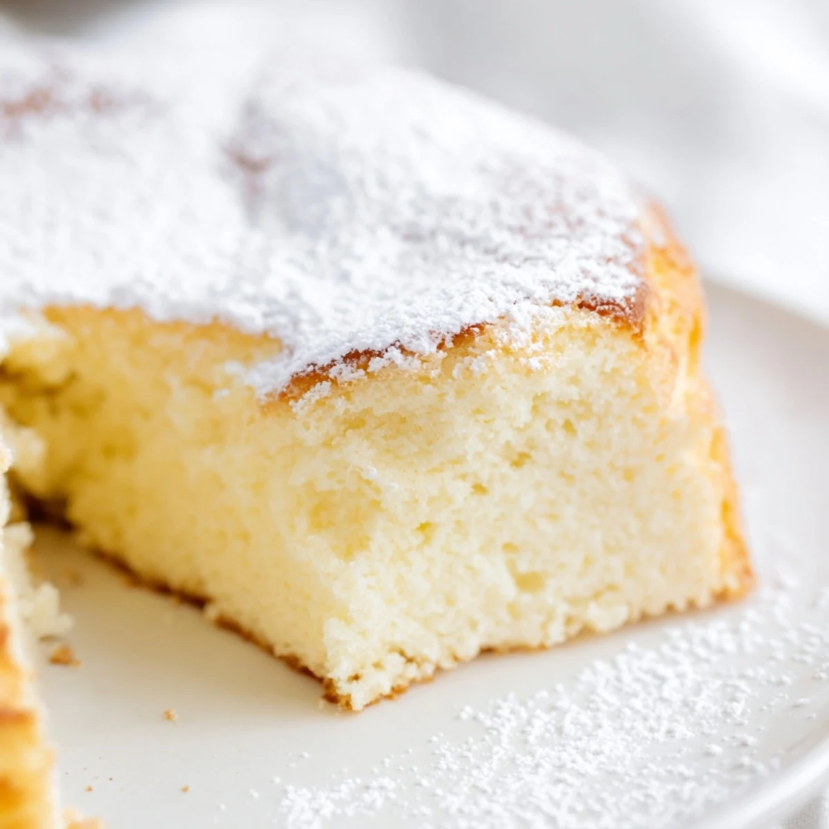 A golden-brown Fluffy Yogurt Cloud Cake sits on a wire rack, lightly dusted with powdered sugar for a teatime treat.