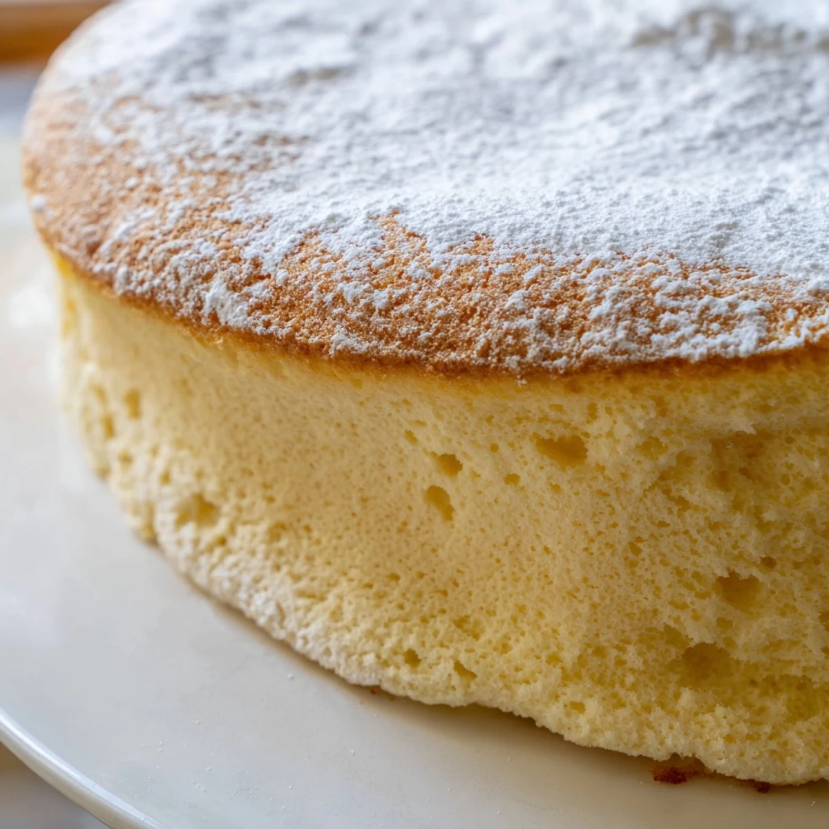 Bright morning light shows the Fluffy Yogurt Cloud Cake's airy crumb next to fresh berries and a dollop of whipped cream.