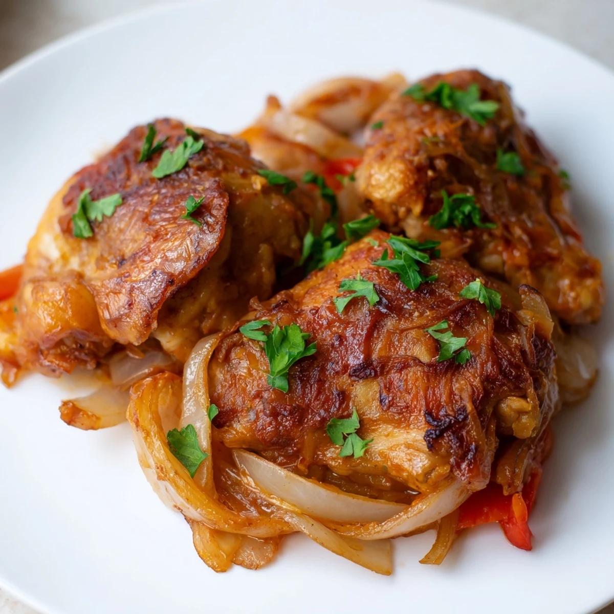 Braised Catalina Chicken thighs in tangy-sweet sauce with peppers and onions on a rustic plate.