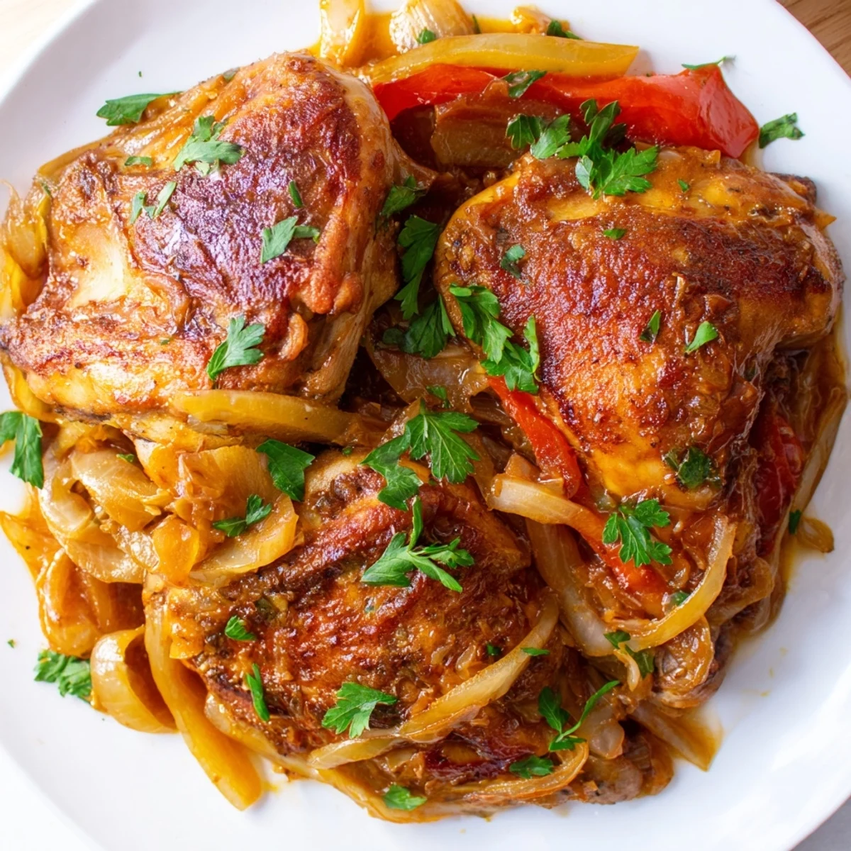 Sizzling Braised Catalina Chicken from the oven served with fluffy rice and fresh parsley garnish.